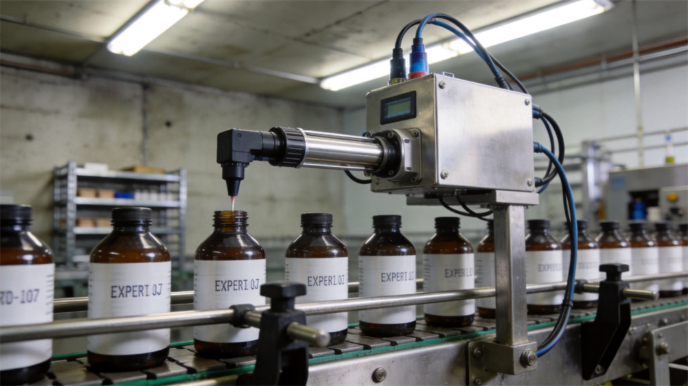 CIJ inkjet printer on a production line printing codes on bottles
